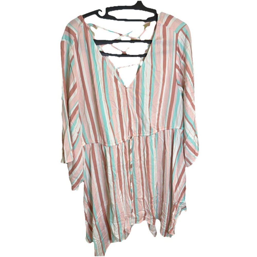 Torrid Pastel Striped Asymmetrical Drawstring Top 3/4 Sleeves Lattice Back SZ 2‎